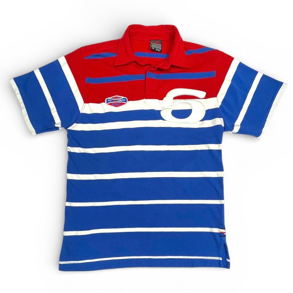 Vtg FUBU Athletic Collection Striped Polo Shirt Blue/Red/White Medium 05 Patch